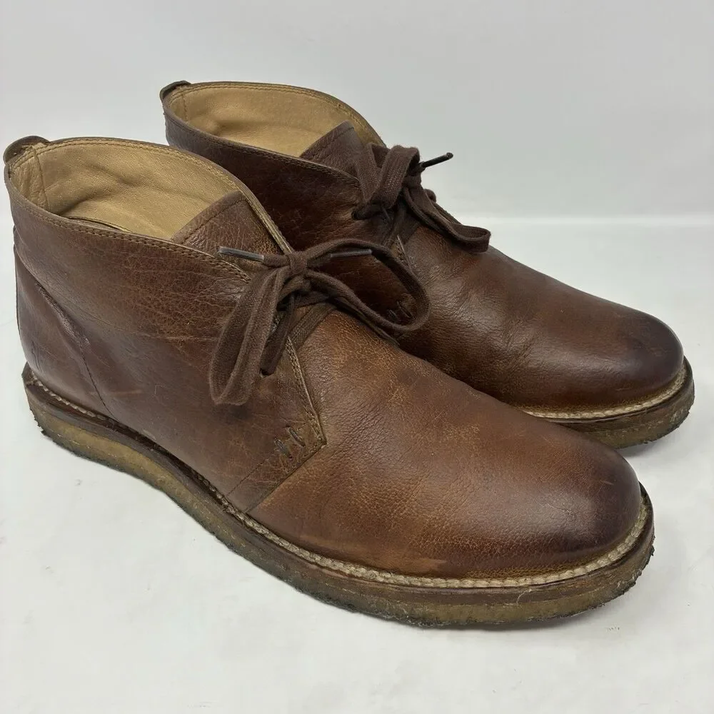 Frye Phillip Crepe Chukka Boots Brown Leather Mens Size 10D With Lace-Up Closure